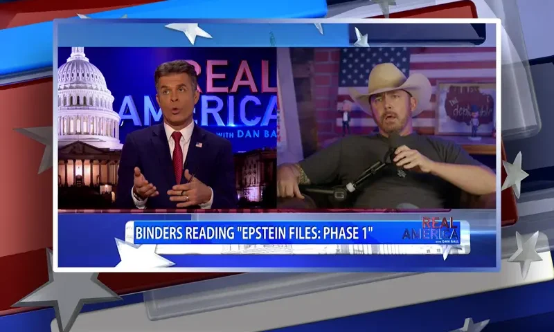 Video still from Real America on One America News Network showing a split screen of the host on the left side, and on the right side is the guest, Chad Prather.