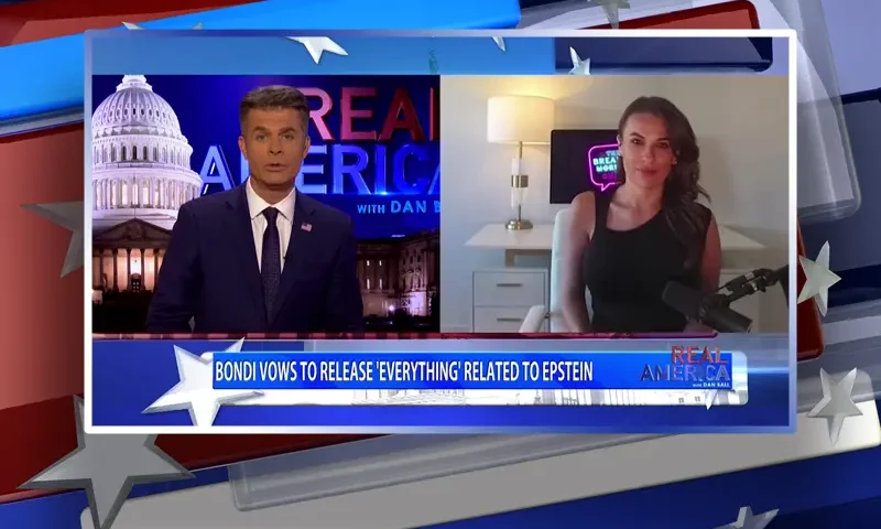 Video still from Real America on One America News Network showing a split screen of the host on the left side, and on the right side is the guest, Breanna Morello.