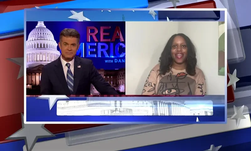 Video still from Real America on One America News Network showing a split screen of the host on the left side, and on the right side is the guest, P Rae Easley.