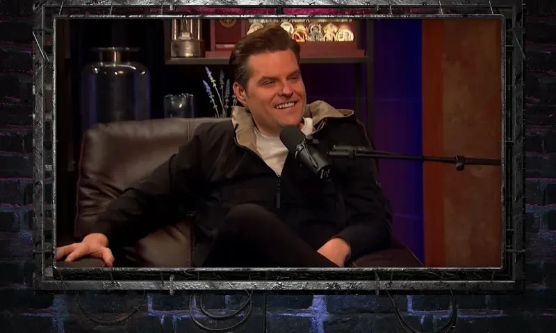 Video still from The Anchormen on One America News Network showing host Matt Gaetz.