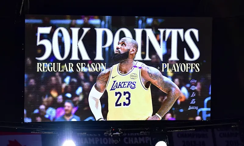 A video board displays 50,000 career point milestone for Los Angeles Lakers forward LeBron James, after he scored a three point basket against the New Orleans Pelicans in Los Angeles. Gary A. Vasquez-Imagn Images