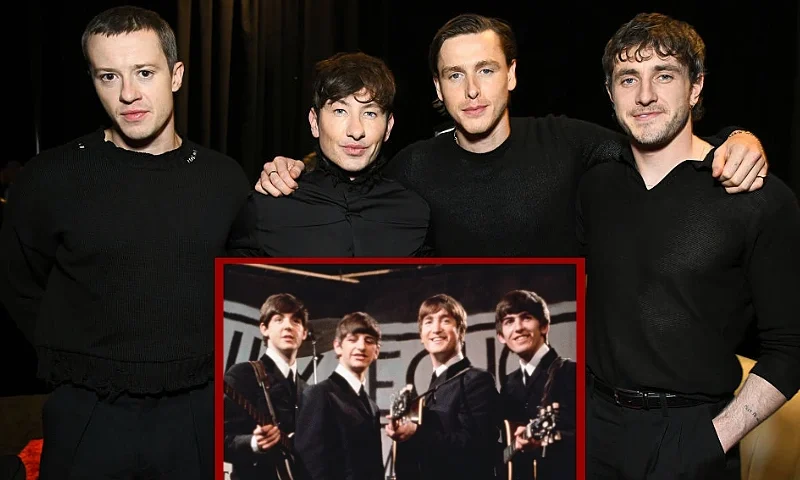 (Background image) LAS VEGAS, NEVADA - MARCH 31: (L-R) Joseph Quinn, Barry Keoghan, Harris Dickinson and Paul Mescal attend CinemaCon 2025- Opening Night and Sony Pictures Entertainment Presentation at The Colosseum at Caesars Palace during CinemaCon, the official convention of Cinema United, on March 31, 2025, in Las Vegas, Nevada. (Photo by Alberto E. Rodriguez/Getty Images for CinemaCon) / (Smaller center image) 25th November 1963: Liverpudlian beat combo The Beatles, from left to right Paul McCartney, Ringo Starr, John Lennon (1940 - 1980), and George Harrison (1943 - 2001), performing in front of a camera-shaped drum kit on Granada TV's Late Scene Extra television show filmed in Manchester, England on November 25, 1963. (Photo by Hulton Archive/Getty Images)