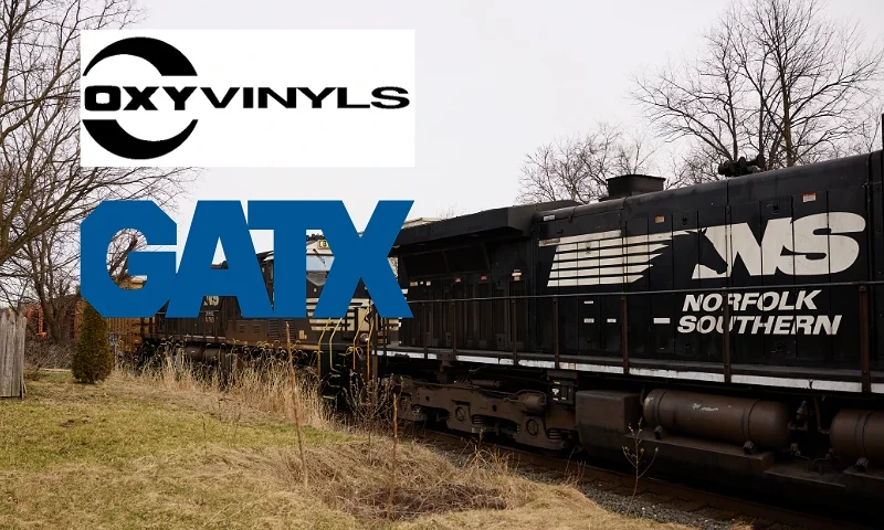 (L-Top) Oxy Vinyls logo. (logo via: company website) / (L-Bottom) GATX Corp. logo (logo via: company website) / (R-Center) EAST PALESTINE, OH - FEBRUARY 14: A Norfolk Southern train is en route on February 14, 2023 in East Palestine, Ohio. Another train operated by the company derailed on February 3, releasing toxic fumes and forcing evacuation of residents. (Photo by Angelo Merendino/Getty Images)