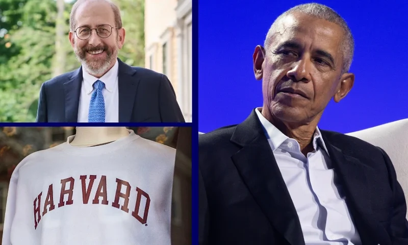 (L-Top) Harvard President Alan Garber. (Photo via: Harvard University via Getty Images) / (L-Bottom) Harvard sweatshirts are displayed for sale in a school store window on the Harvard University campus in Cambridge, Massachussetts, on April 15, 2025. Elite US university Harvard was hit with a $2.2 billion federal funding freeze on April 14 after rejecting a list of sweeping demands that the White House said was intended to crack down on campus anti-Semitism. The call for changes to its governance, hiring practices and admissions procedures expands a list Harvard received on April 3, which ordered officials to shut diversity offices and cooperate with immigration authorities for screenings of international students. In a letter to students and faculty, Harvard president Alan Garber vowed to defy the government, insisting that the school would not "negotiate over its independence or its constitutional rights." (Photo by Joseph Prezioso / AFP) (Photo by JOSEPH PREZIOSO/AFP via Getty Images) / (R) CHICAGO, ILLINOIS - DECEMBER 05: Former President Barack Obama listens to Nika Kovač, Director of Slovenia-based Institute 8th of March as he moderates a conversation with her, Manu Meel, Co-Founder and CEO of BridgeUSA, and Ainka Jackson, Founding executive director of the Selma Center for Nonviolence, Truth, and Reconciliation during the Obama Foundation's 2024 Democracy Forum on December 05, 2024 in Chicago, Illinois. The 2024 Democracy Forum focused on "pluralism" and exploring how diverse communities can work together. (Photo by Scott Olson/Getty Images)