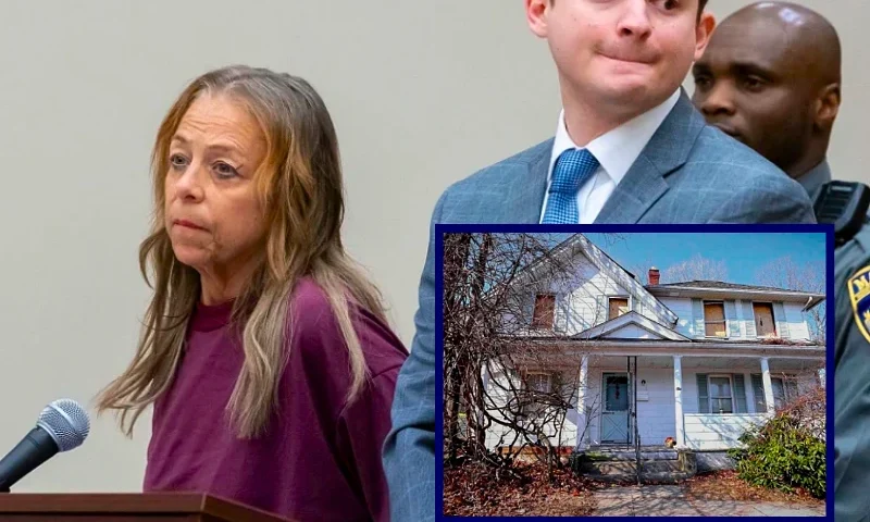(L) Kimberly Sullivan. (Photo via: Waterbury Superior Court) / (R) Kimberly Sullivan's house. (Photo via: Jim Shannon via Hearst Connecticut Media via AP News)