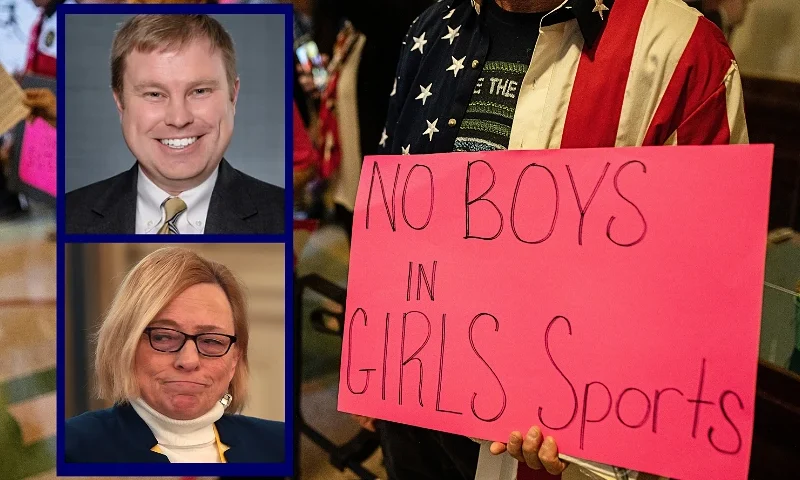 (L-Top) Maine Attorney General Aaron Frey. (Photo via: National Association of Attorneys General) / (L-Bottom) WASHINGTON, DC - FEBRUARY 21: Gov. Janet Mills (D-ME) challenges U.S. President Donald Trump over trans women in sports as Trump addresses a meeting of governors at the White House on February 21, 2025 in Washington, DC. President Trump is hosting a bipartisan group of Governors for a working session at the White House as part of the The National Governors Association winter meetings. (Photo by Win McNamee/Getty Images) / (R) AUSTIN, TX - SEPTEMBER 20: Demonstrators supporting restrictions on transgender student athletes are gathered at the Texas State Capitol on the first day of the 87th Legislature's third special session on September 20, 2021 in Austin, Texas. Following a second special session that saw the passage of controversial voting and abortion laws, Texas lawmakers have convened at the Capitol for a third special session to address more of Republican Gov. Greg Abbott's conservative priorities which include redistricting, the distribution of federal COVID-19 relief funds, vaccine mandates and restrictions on how transgender student athletes can compete in sports. (Photo by Tamir Kalifa/Getty Images)