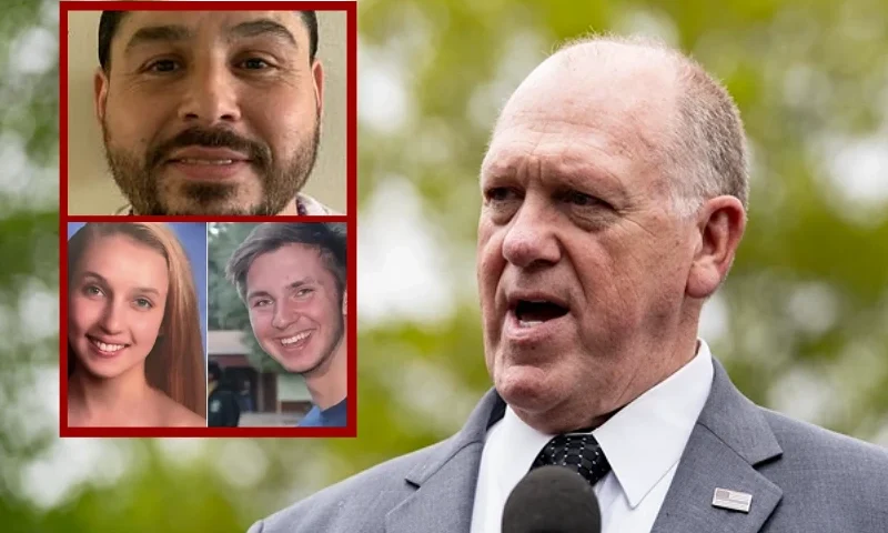 (L-Top) Oscar Eduardo Ortega-Anguiano, 43. (Photo via: ICE) (L-Bottom) Anya Varfolomeev and Nicholay Osokin. (Photo via: ICE) / (R) US Border Czar Tom Homan talks to the press (Photo by ANDREW THOMAS/Middle East Images/AFP via Getty Images)