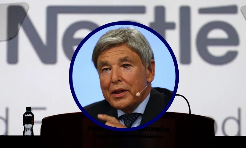 (Background) Outgoing Nestle Chairman Peter Brabeck-Letmathe is seen in silhouette during the annual shareholders meeting of Swiss food giant on April 6, 2017 in Lausanne. (Photo by Fabrice COFFRINI / AFP) (Photo by FABRICE COFFRINI/AFP via Getty Images) / (Center) Peter Brabeck-Letmathe, chairman of the food industry group Nestle gestures during his opening speech of the Creating Shared Value Forum 2014, on October 9, 2014 at Nestle Research Center in Vers-chez-les-Blanc above Lausanne. AFP PHOTO / FABRICE COFFRINI (Photo by Fabrice COFFRINI / AFP) (Photo by FABRICE COFFRINI/AFP via Getty Images)