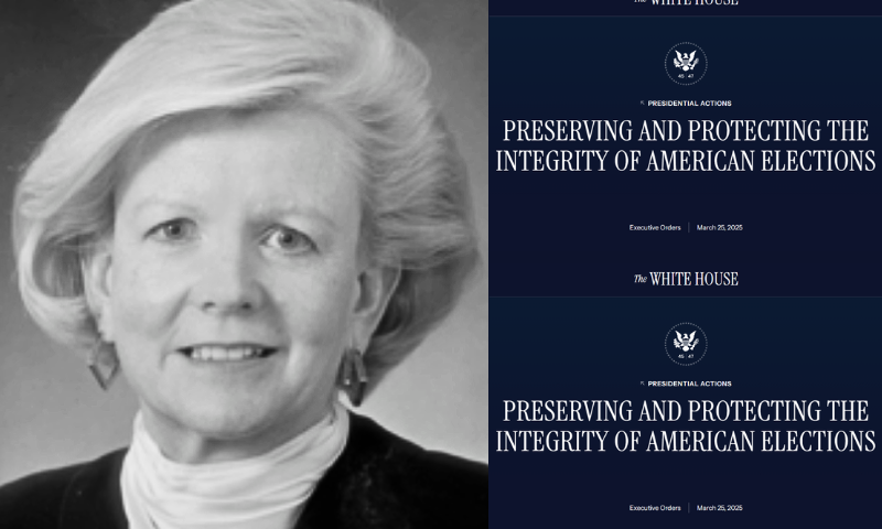 (L) Judge Colleen Kollar-Kotelly. (Photo via: the United States District Court for the District of Columbia.) / (R) Screenshot of President Donald Trump's "PRESERVING AND PROTECTING THE INTEGRITY OF AMERICAN ELECTIONS" Executive Order (Photo via: official White House website)