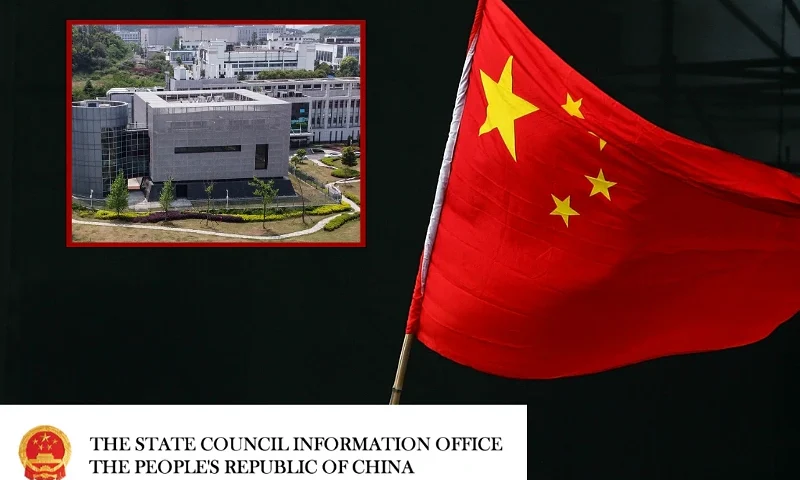 (L-Top) TOPSHOT - An aerial view shows the P4 laboratory at the Wuhan Institute of Virology in Wuhan in China's central Hubei province on April 17, 2020. The P4 epidemiological laboratory was built in co-operation with French bio-industrial firm Institut Merieux and the Chinese Academy of Sciences. The facility is among a handful of labs around the world cleared to handle Class 4 pathogens (P4) - dangerous viruses that pose a high risk of person-to-person transmission. (Photo by Hector RETAMAL / AFP) (Photo by HECTOR RETAMAL/AFP via Getty Images) / (L-Bottom) Logo for the State Council Information Office - The People's Republic Of China. (english.scio.gov.cn/) / (Background) BEIJING - OCTOBER 02: A Chinese teenager waves a national flag during a rock-and-roll festival to mark Chinese National Day on October 2, 2005 in Beijing, China. Various activities are being held in China to mark the National Day. (Photo by Guang Niu/Getty Images)