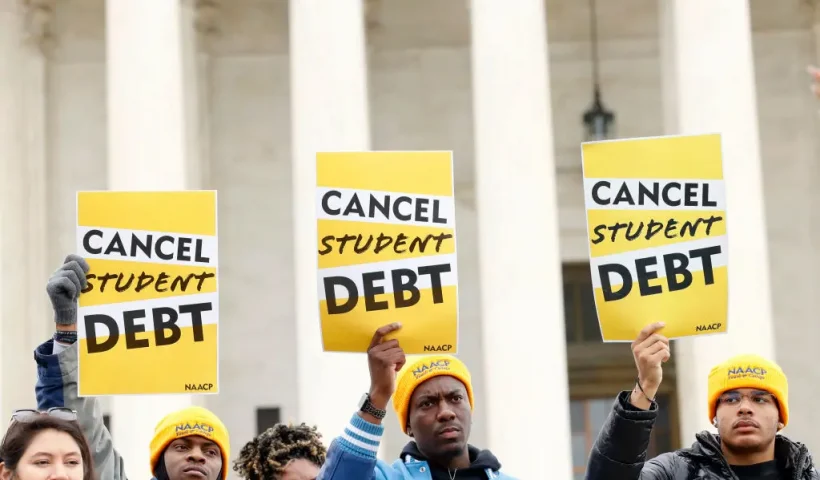 WASHINGTON, DC - FEBRUARY 28: Student loan borrowers and advocates gather for the People's Rally To Cancel Student Debt During The Supreme Court Hearings On Student Debt Relief on February 28, 2023 in Washington, DC. (Photo by Jemal Countess/Getty Images for People's Rally to Cancel Student Debt )