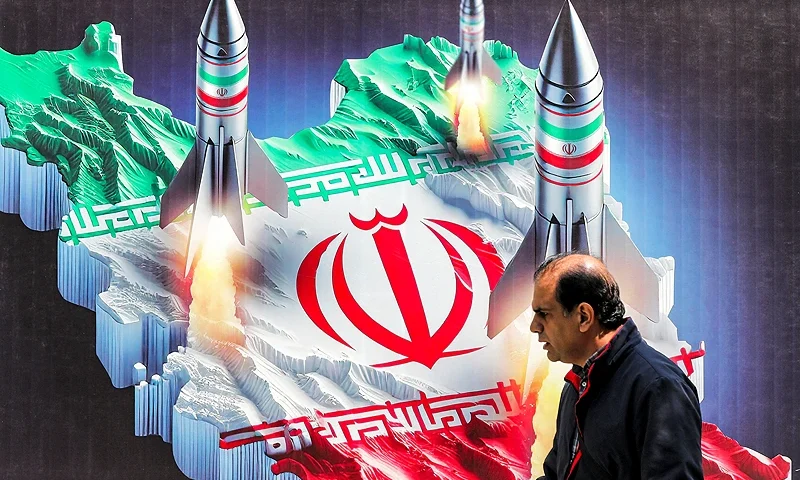 TOPSHOT - A man walks past a banner depicting missiles launching from a representation of the map of Iran coloured with the Iranian flag in central Tehran on April 15, 2024. Iran on April 14 urged Israel not to retaliate militarily to an unprecedented attack overnight, which Tehran presented as a justified response to a deadly strike on its consulate building in Damascus. (Photo by ATTA KENARE / AFP) (Photo by ATTA KENARE/AFP via Getty Images)