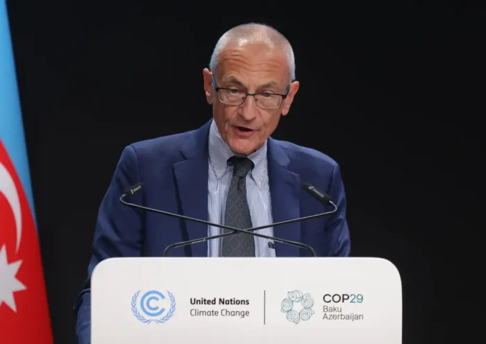 BAKU, AZERBAIJAN - NOVEMBER 13: John Podesta, Senior Advisor to the President for International Climate Policy, speaks during the high level segment on day three of the UNFCCC COP29 Climate Conference at Baku Stadium on November 13, 2024 in Baku, Azerbaijan. The COP29, which is running from November 11 through 22, is bringing together stakeholders, including international heads of state and other leaders, scientists, environmentalists, indigenous peoples representatives, activists and others to discuss and agree on the implementation of global measures towards mitigating the effects of climate change. According to the United Nations, countries made no progress over the last year in reducing global emissions from the burning of fossil fuels. (Photo by Sean Gallup/Getty Images)