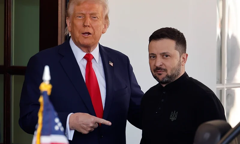 WASHINGTON, DC - FEBRUARY 28: (L-R) U.S. President Donald Trump greets Ukrainian President Volodymyr Zelensky as he arrives at the White House on February 28, 2025 in Washington, DC. Trump and Zelensky are meeting today to sign a preliminary agreement on sharing Ukraine’s mineral resources that Trump says will allow America to recoup aid provided to Kyiv while supporting Ukraine’s economy. (Photo by Chip Somodevilla/Getty Images)