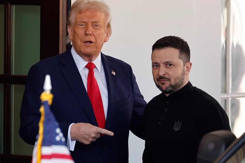 WASHINGTON, DC - FEBRUARY 28: (L-R) U.S. President Donald Trump greets Ukrainian President Volodymyr Zelensky as he arrives at the White House on February 28, 2025 in Washington, DC. Trump and Zelensky are meeting today to sign a preliminary agreement on sharing Ukraine’s mineral resources that Trump says will allow America to recoup aid provided to Kyiv while supporting Ukraine’s economy. (Photo by Chip Somodevilla/Getty Images)