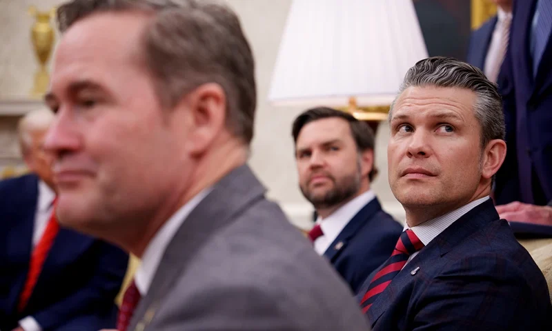 WASHINGTON, DC - MARCH 13: (L-R) U.S. President Donald Trump, U.S. National Security Adviser Michael Waltz, U.S. Vice President J.D. Vance, and Defense Secretary Pete Hegseth, listen to a question from a reporter during a meeting in the Oval Office of the White House on March 13, 2025 in Washington, DC. The two leaders met as the Trump administration has once again put the military alliance between the United States and Western Europe in question. (Photo by Andrew Harnik/Getty Images)