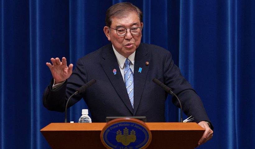 Japan's Prime Minister Shigeru Ishiba speaks during a press conference at the Prime Minister's office in Tokyo on April 1, 2025. (Photo by Nicolas Datiche / POOL / AFP) (Photo by NICOLAS DATICHE/POOL/AFP via Getty Images)