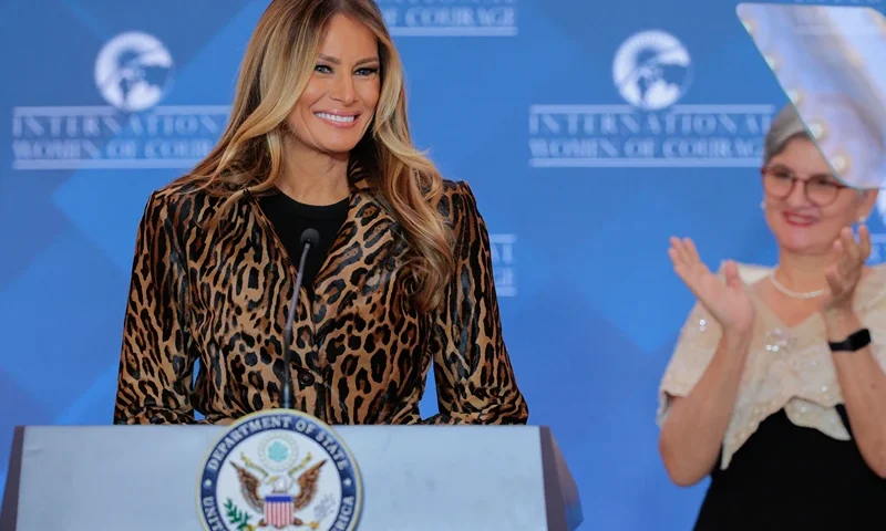 U.S. first lady Melania Trump delivers remarks during the International Women of Courage Award ceremony in the Ben Franklin Room at the State Department's Harry S. Truman headquarters on April 01, 2025 in Washington, DC. Since 2007, more than 200 women from 90 countries have been given the IWOC award, which recognizes people "who have demonstrated exceptional courage, strength, and leadership – often at great personal risk and sacrifice," according to the State Department. (Photo by Chip Somodevilla/Getty Images)