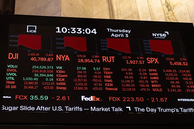 NEW YORK, NEW YORK - APRIL 03: Stock market figures are displayed on the trading floor of the New York Stock Exchange during the morning of April 03, 2025 in New York City. The stock market reacted negatively to U.S. President Donald Trump's announcement of significant tariffs starting at 10%, and potentially higher for select countries. At the market open, the Dow saw a drop of 1,500 points, the S&P 500 fell by 4%, and the Nasdaq Composite decreased by 5%. (Photo by Michael M. Santiago/Getty Images)