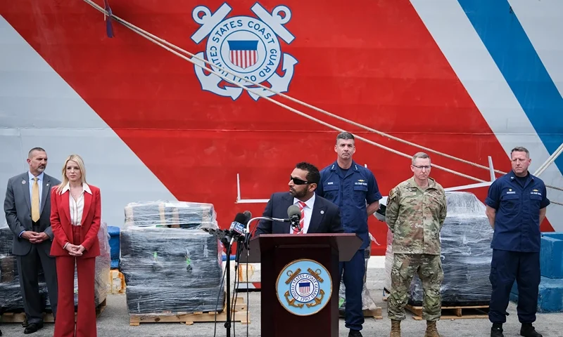 FBI Director Kash Patel (C) speaks as US Attorney General Pam Bondi (2nd L) looks on during press conference on illicit narcotics, at Port Everglades in Fort Lauderdale, Florida on April 9, 2025. The law enforcement officers and the US Coast Guard highlighted the offload of over 48,400 pounds of illicit narcotics worth more than $509 million at Port Everglades, interdicted during drug operations in the Eastern Pacific Ocean. (Photo by Marco BELLO / AFP) (Photo by MARCO BELLO/AFP via Getty Images)