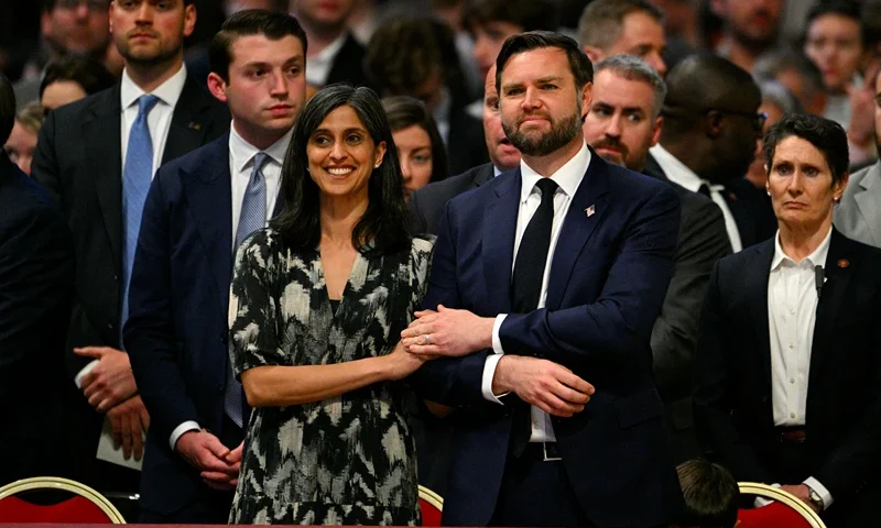 U.S. Vice President JD Vance and his wife Usha Vance attend the celebration of the Passion of the Lord on Good Friday as part of the Holy Week, at St Peter's Basilica in the Vatican on April 18, 2025. (Photo by Andreas SOLARO / AFP) (Photo by ANDREAS SOLARO/AFP via Getty Images)