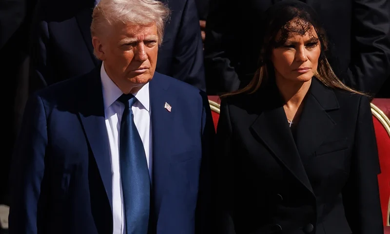 US President Donald Trump and US First Lady Melania Trump arrive at the funeral of Pope Francis in St. Peter’s Square on April 26, 2025 in Vatican City, Vatican. Pope Francis died on April 21st at the age of 88. Born in Argentina as Jorge Mario Bergoglio, he was the first Latin American and the first Jesuit to become Pope when elected in 2013. Taking the name Francis after St Francis of Assisi, he promoted a more humble version of the papacy than many of his predecessors. He will be buried outside of the Vatican in a simple wooden coffin at the Basilica Santa Maria Maggiore. (Photo by Dan Kitwood/Getty Images)