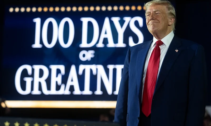 TOPSHOT - US President Donald Trump delivers a speech marking his 100th day in office at Macomb County Community College Sports Expo Center in Warren, Michigan, on April 29, 2025. Trump celebrated the first 100 days of what is already one of the most radical and far-reaching presidencies in US history, but polls show Americans becoming disenchanted with the economic and political tumult. (Photo by Jim WATSON / AFP) (Photo by JIM WATSON/AFP via Getty Images)