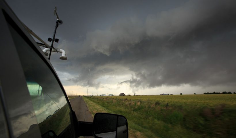 OLUSTEE, OK - MAY 10: Viewed from the window of a tornado scout vehicle, a supercell thunderstorm develops, May 10, 2017 in Olustee, Oklahoma. Wednesday was the group's third day in the field for the 2017 tornado season for their research project titled 'TWIRL.' With funding from the National Science Foundation and other government grants, scientists and meteorologists from the Center for Severe Weather Research try to get close to supercell storms and tornadoes trying to better understand tornado structure and strength, how low-level winds affect and damage buildings, and to learn more about tornado formation and prediction. (Photo by Drew Angerer/Getty Images)