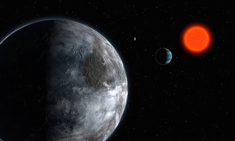 IN SPACE - APRIL 25: In this artist's impression supplied by the ESO (European Southern Observatory) on April 25, 2007, the planetary system around the red dwarf, Gliese 581, is pictured showing what astronomers believe is the most earth like planet found outside our solar system to date. Using the ESO 3.6-m telescope in Chile, astronomers have uncovered the planet which could have water running on its surface. The planet orbits the faint star Gliese 581, which is 20.5 light-years away in the constellation Libra. (Photo by ESO via Getty Images) *** Local Caption ***