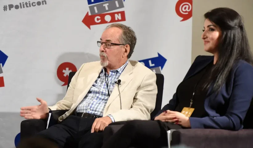 PASADENA, CA - JULY 29: David Horowitz (L) and Dr. Halleh Seddighzadeh at 'LA World Affairs Council Presents: Mid-East Mess' panel during Politicon at Pasadena Convention Center on July 29, 2017 in Pasadena, California. (Photo by Joshua Blanchard/Getty Images for Politicon)