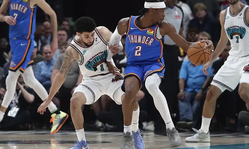 Oklahoma City Thunder guard Shai Gilgeous-Alexander (2) spins toward the basket during the second quarter during game three for the first round of the 2024 NBA Playoffs at FedExForum. Mandatory Credit: Petre Thomas-Imagn Images