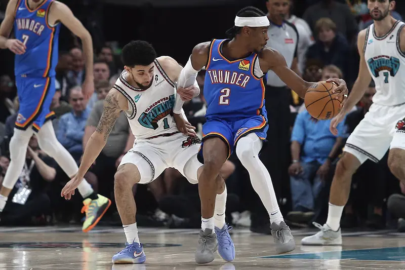 Oklahoma City Thunder guard Shai Gilgeous-Alexander (2) spins toward the basket during the second quarter during game three for the first round of the 2024 NBA Playoffs at FedExForum. Mandatory Credit: Petre Thomas-Imagn Images