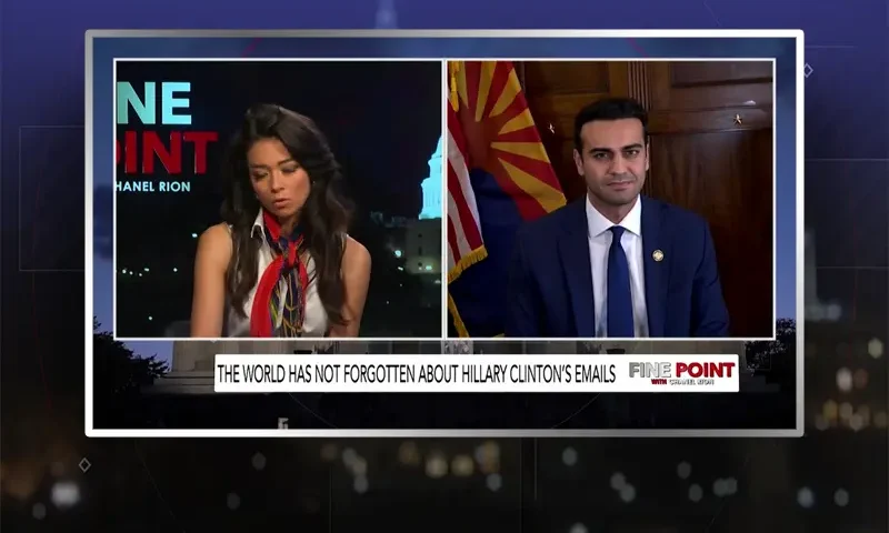 Video still from Fine Point on One America News Network showing a split screen of the host on the left side, and on the right side is the guest, Abe Hamadeh.