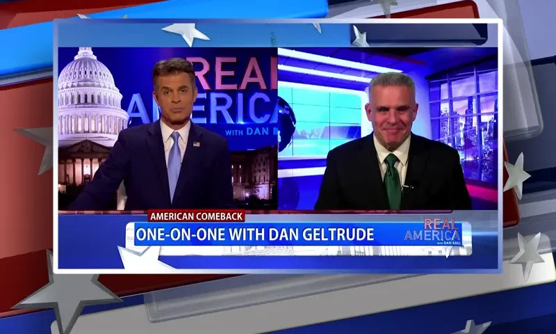 Video still from Real America on One America News Network showing a split screen of the host on the left side, and on the right side is the guest, Dan Geltrude.