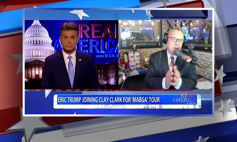 Video still from Real America on One America News Network showing a split screen of the host on the left side, and on the right side is the guest, Clay Clark.