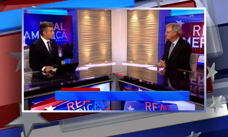 Video still from Real America on One America News Network during an interview with the guest, Jim Desmond.