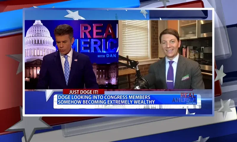 Video still from Real America on One America News Network showing a split screen of the host on the left side, and on the right side is the guest, Hogan Gidley.