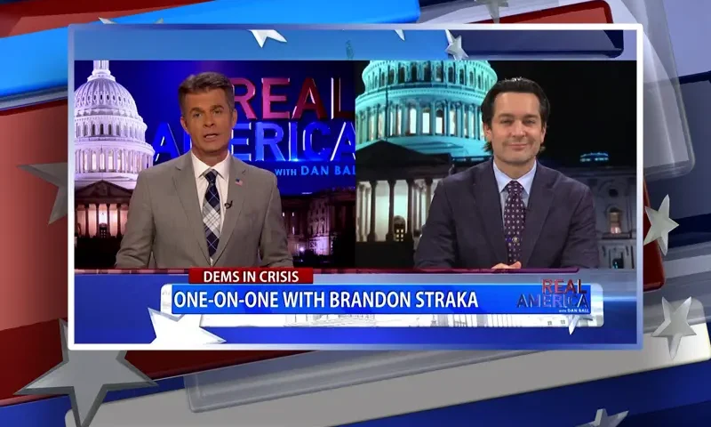 Video still from Real America on One America News Network showing a split screen of the host on the left side, and on the right side is the guest, Brandon Straka.