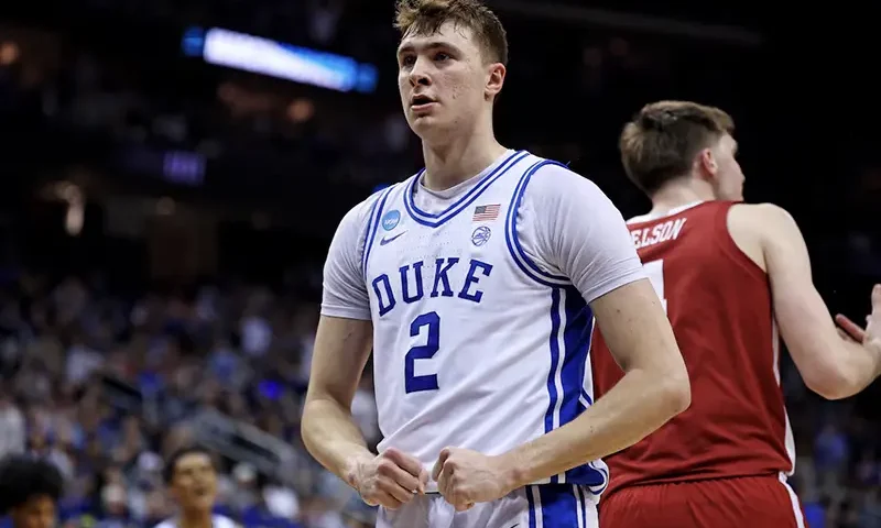 Duke Blue Devils forward Cooper Flagg (2) celebrates after a basket during the first half against the Alabama Crimson Tide in the East Regional final of the 2025 NCAA tournament at Prudential Center. Mandatory Credit: Vincent Carchietta-Imagn Images/File Photo