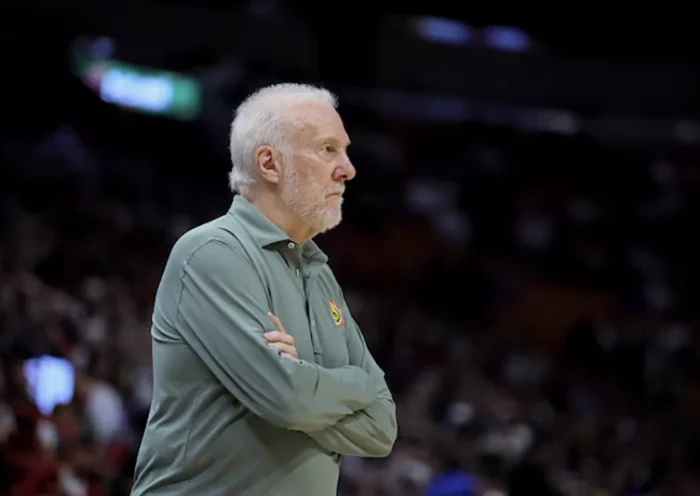 San Antonio Spurs head coach Gregg Popovich looks against the Miami Heat during the first quarter at Kaseya Center. Sam Navarro-USA TODAY Sports/ File Photo