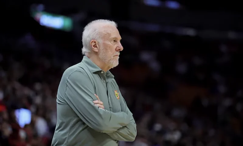 San Antonio Spurs head coach Gregg Popovich looks against the Miami Heat during the first quarter at Kaseya Center. Sam Navarro-USA TODAY Sports/ File Photo