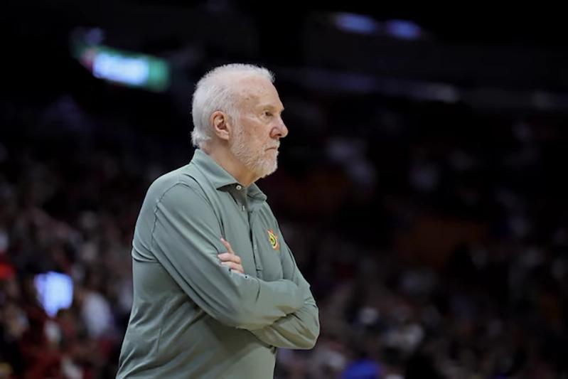 San Antonio Spurs head coach Gregg Popovich looks against the Miami Heat during the first quarter at Kaseya Center. Sam Navarro-USA TODAY Sports/ File Photo