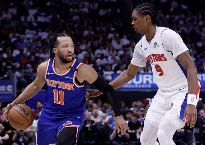 New York Knicks guard Jalen Brunson (11) is defended by Detroit Pistons forward Ausar Thompson (9) in the first half during game six of first round for the 2024 NBA Playoffs at Little Caesars Arena. Mandatory Credit: Rick Osentoski-Imagn Images