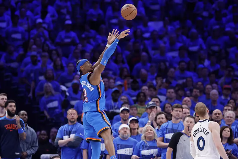 Oklahoma City Thunder guard Shai Gilgeous-Alexander (2) shoots in the third quarter against the Minnesota Timberwolves during game two of the western conference finals for the 2025 NBA Playoffs at Paycom Center. Mandatory Credit: Alonzo Adams-Imagn Images