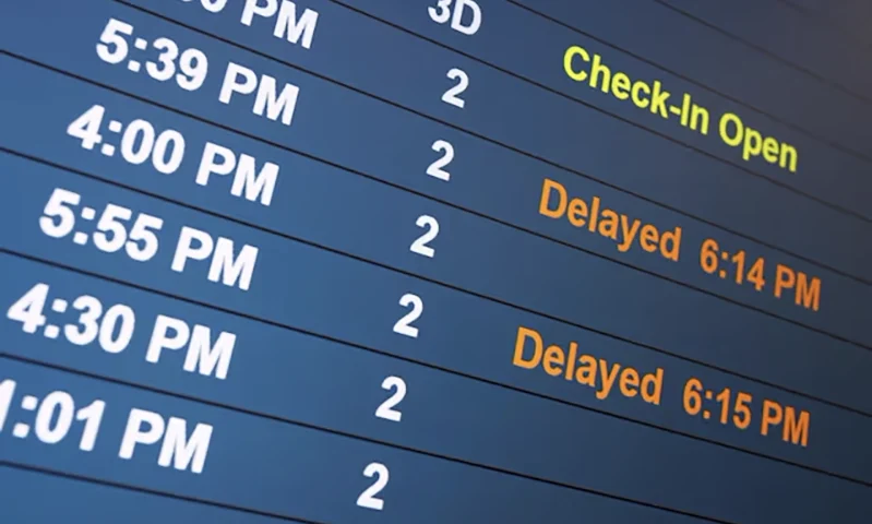A screen shows the timetable at the Newark Liberty International Airport during the busiest travel day, the day before the U.S. holiday of Thanksgiving in Newark, New Jersey, U.S., November 27, 2024. REUTERS/Eduardo Munoz/File Photo