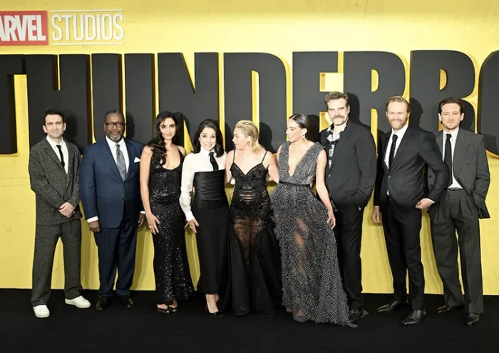 Lewis Pullman, Wyatt Russell, David Harbour, Hannah John-Kamen, Florence Pugh, Julia Louis-Dreyfus, Geraldine Viswanathan, Wendell Pierce and Jake Schreier attend the European premiere of Marvel Studios' ''Thunderbolts*" in London, Britain, April 22, 2025. REUTERS/Chris J. Ratcliffe/File Photo