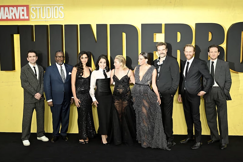 Lewis Pullman, Wyatt Russell, David Harbour, Hannah John-Kamen, Florence Pugh, Julia Louis-Dreyfus, Geraldine Viswanathan, Wendell Pierce and Jake Schreier attend the European premiere of Marvel Studios' ''Thunderbolts*" in London, Britain, April 22, 2025. REUTERS/Chris J. Ratcliffe/File Photo