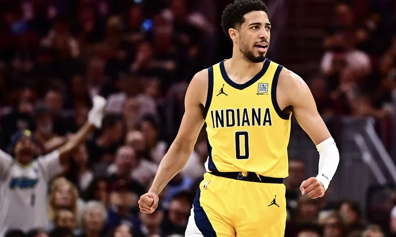 Indiana Pacers guard Tyrese Haliburton (0) celebrates during the second half against the Cleveland Cavaliers in game five of the second round for the 2025 NBA Playoffs at Rocket Arena. Mandatory Credit: Ken Blaze-Imagn Images