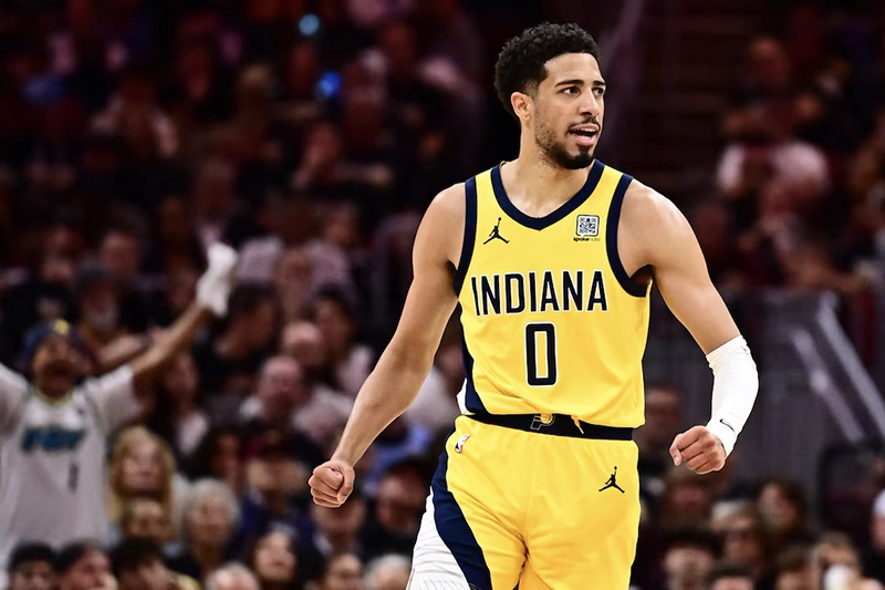 Indiana Pacers guard Tyrese Haliburton (0) celebrates during the second half against the Cleveland Cavaliers in game five of the second round for the 2025 NBA Playoffs at Rocket Arena. Mandatory Credit: Ken Blaze-Imagn Images