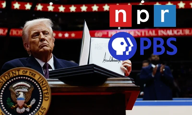 (Center) U.S. President Donald Trump holds up an executive order after signing it during an indoor inauguration parade at Capital One Arena. (Photo by Anna Moneymaker/Getty Images) / (R-top) National Public Radio (NPR) logo. (R-second from top) Public Broadcasting (PBS) Service logo.